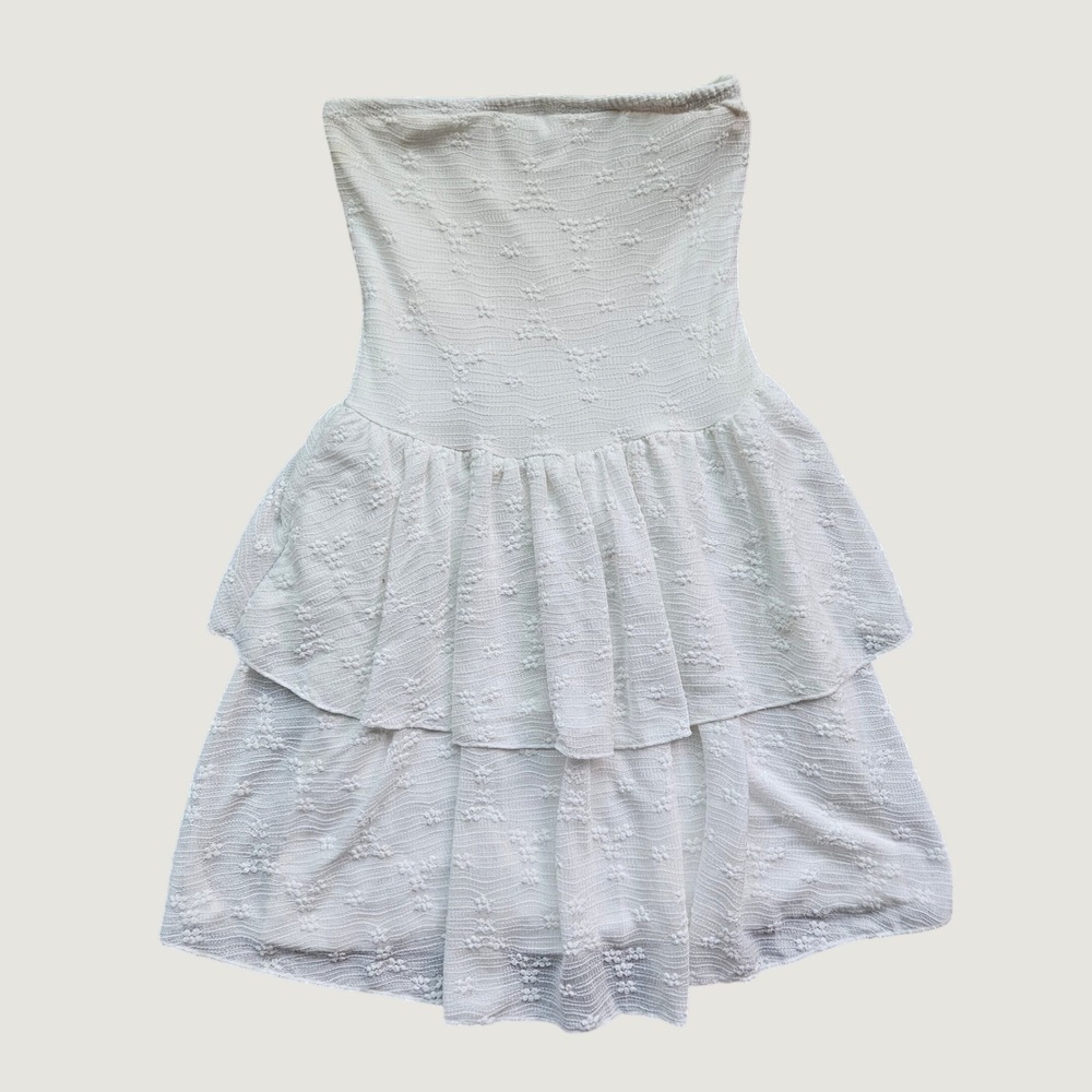 See You Monday White Tiered Strapless Mini Dress XS Floral Textured Ruffle